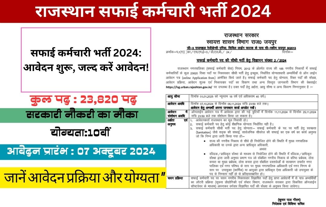 राजस्थान सफाई कर्मचारी भर्ती 2024: 23,820 पदों पर सुनहरा मौका! आवेदन जल्द करें